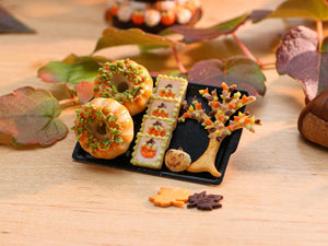 Brioche and Cookies for Autumn / Halloween on Black Tray - Miniature Food