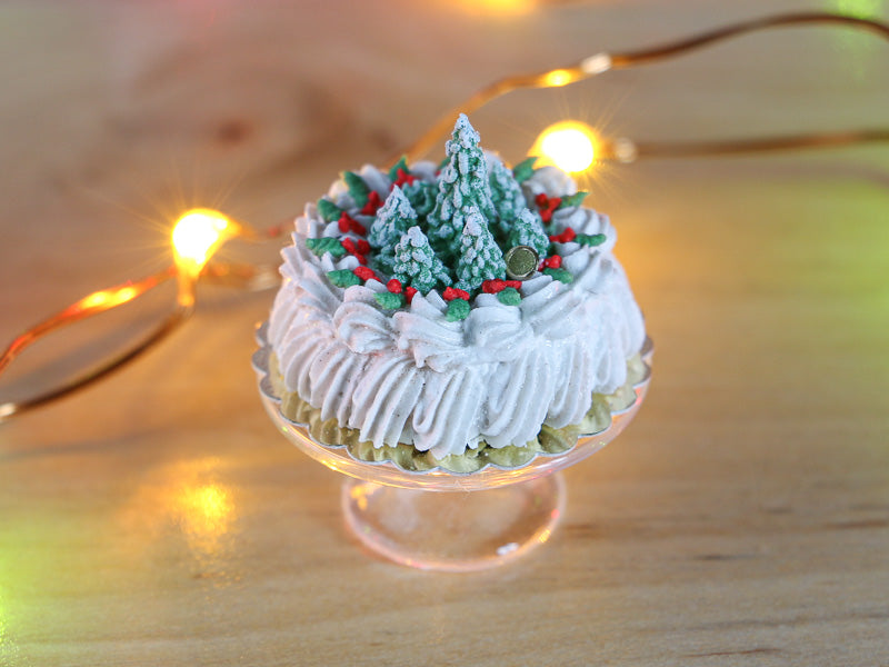 Christmas Cream Cake Decorated with Snowy Christmas Trees - 12th Scale Miniature Food