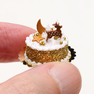 Golden Christmas Forest Cake Decorated with Gingerbread Reindeer, Snowy Trees  - Miniature Food