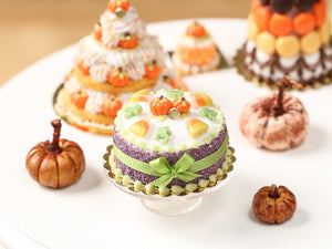 Halloween Miniature Cake - Pumpkins, Candy Corn, Frog Candies, Green Bow