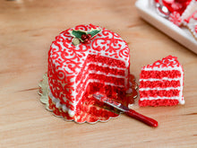 Load image into Gallery viewer, Red Velvet Layer Cake with Slice for Christmas Decorated with Holly, Arabesque Swirls - 12th Scale Miniature Food