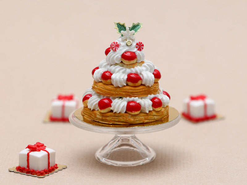 Triple Tiered Christmas St Honoré Pastry Centerpiece | Miniature
