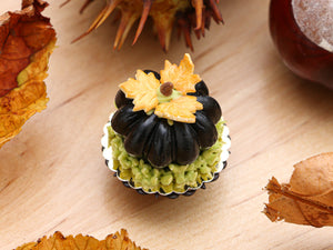 Black Pumpkin Cake, Cookie Leaves - 12th Scale Miniature Food
