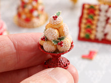 Load image into Gallery viewer, Christmas Choux Bun Display with Holly Decoration - Red Stand Stand- Miniature Food