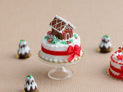 Christmas Cake Decorated with Tiny Gingerbread House - Miniature Food