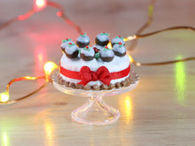Load image into Gallery viewer, Christmas Cake Decorated with Tiny Christmas Puddings Holly and Red Ribbon - Miniature Food