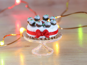 Christmas Cake Decorated with Tiny Christmas Puddings Holly and Red Ribbon - Miniature Food