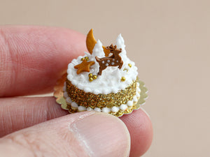 Golden Christmas Forest Cake Decorated with Gingerbread Reindeer, Snowy Trees  - Miniature Food