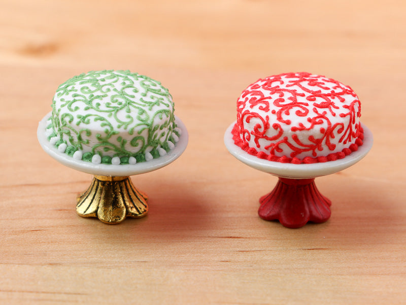 Modern Designer Christmas Cake 'Swirls' on Stand - Red or Green - Miniature Food