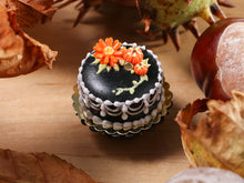 Load image into Gallery viewer, Classic Black Miniature Cake Decorated with Marguerite, Pumpkins, for Autumn / Halloween - 12th Scale Miniature Food