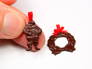 Pair of Dark Chocolate Christmas Decorations - Wreath and Santa - Miniature Food