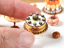 Load image into Gallery viewer, Halloween Cake with Dark Chocolate Pumpkins, Chocolate Coloured Bow - 12th Scale Miniature Food