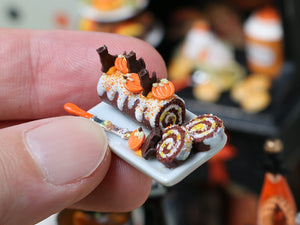 Autumn Chocolate Swiss Roll - Pumpkins and Black Chocolate Cats - Miniature Food in 12th Scale