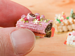 Traditional Chocolate and Raspberry Pink Yule Log / Bûche de Noël - Miniature Food in 12th Scale