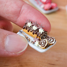 Load image into Gallery viewer, Chocolate Christmas Swiss Roll Yule Log with Chocolate Snowflakes - 12th Scale Miniature Food