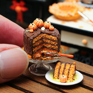 Chocolate Autumn Layer Cake with Slice on Plate - Miniature Food