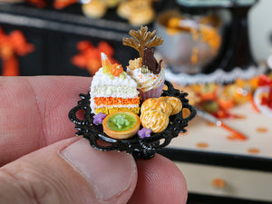 Miniature Pastries, Cupcake, Cookies for Autumn / Halloween on Black Stand - Miniature Food