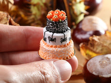 Load image into Gallery viewer, Spiders and Swirls - Beautiful Three Tiered Cake Decorated for Autumn / Halloween - 12th Scale Miniature Food