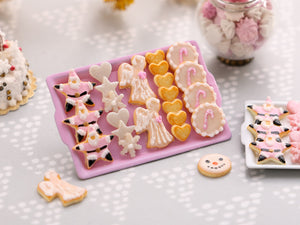 Pink Christmas Cookie Display - Pink Star Santa, Angels, Candy Cane Cookies - Choice of Pink or White Tray - Miniature Food