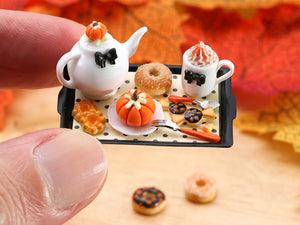 Autumn Teatime Tray Set (Teapot, Cookies, Donut, Pumpkin Cake) - Miniature Food