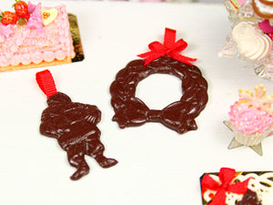 Pair of Dark Chocolate Christmas Decorations - Wreath and Santa - Miniature Food