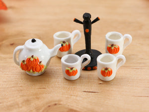 Pumpkin Bas Relief Teapot and Mug Tree - 12th Scale Dollhouse Miniature