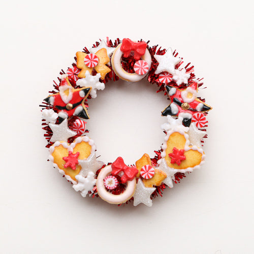 Decorative Christmas Red Door Wreath with Cookies and Candies - Miniature Decoration