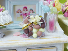 Load image into Gallery viewer, Chocolate Easter Eggs in Clear Round Gift Box - Miniature Food in 12th Scale