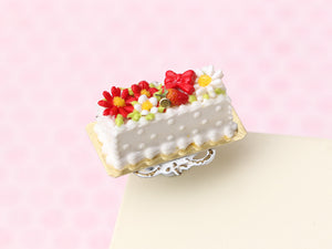 Rectangular Strawberry and Floral Cake - Handmade Miniature Food