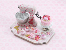 Load image into Gallery viewer, Pink Pastries, Cookies, Cake Preparation Board w/ Kitchen Aid type Mixer - OOAK - Handmade Miniature