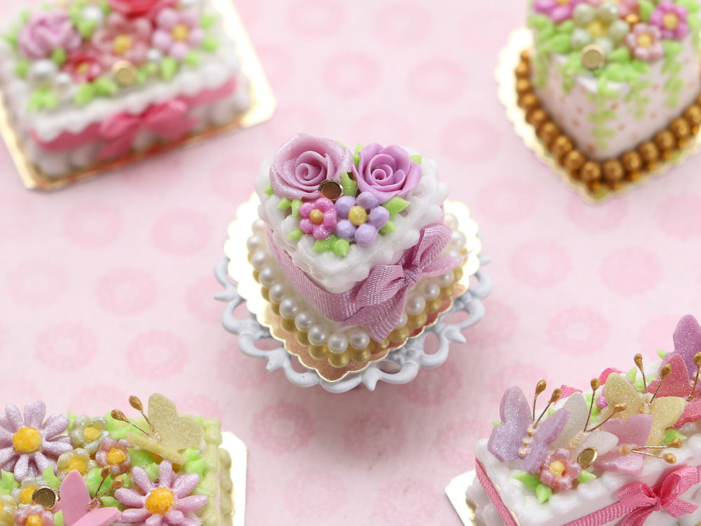 Heart-shaped Miniature Cake With Lilac Roses, Silk Bow - 12th Scale Handmade Food