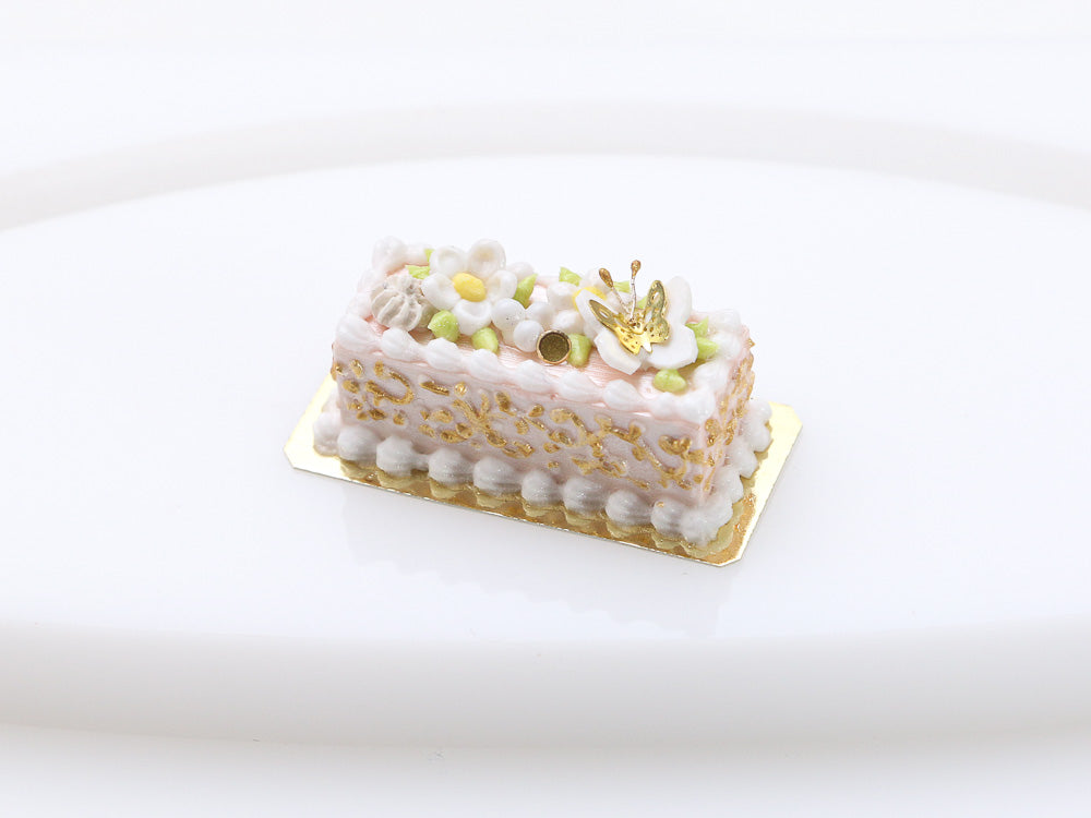 Rectangular White and Gold Cake with Blossoms and Butterfly - Handmade Miniature Food