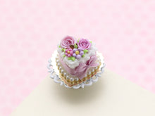 Load image into Gallery viewer, Heart-shaped Miniature Cake With Lilac Roses, Silk Bow - 12th Scale Handmade Food