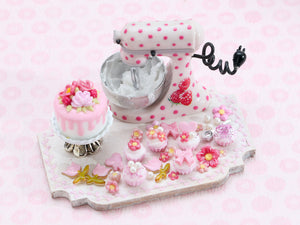 Pink Pastries, Cookies, Cake Preparation Board w/ Kitchen Aid type Mixer - OOAK - Handmade Miniature