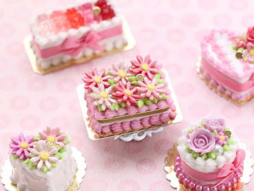 Pink Marguerite Flower Cake - Rectangular - 12th Scale Hand Miniature Dollhouse Food