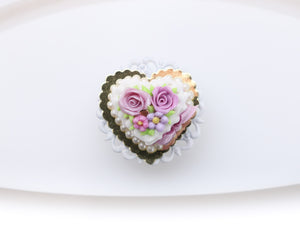 Heart-shaped Miniature Cake With Lilac Roses, Silk Bow - 12th Scale Handmade Food