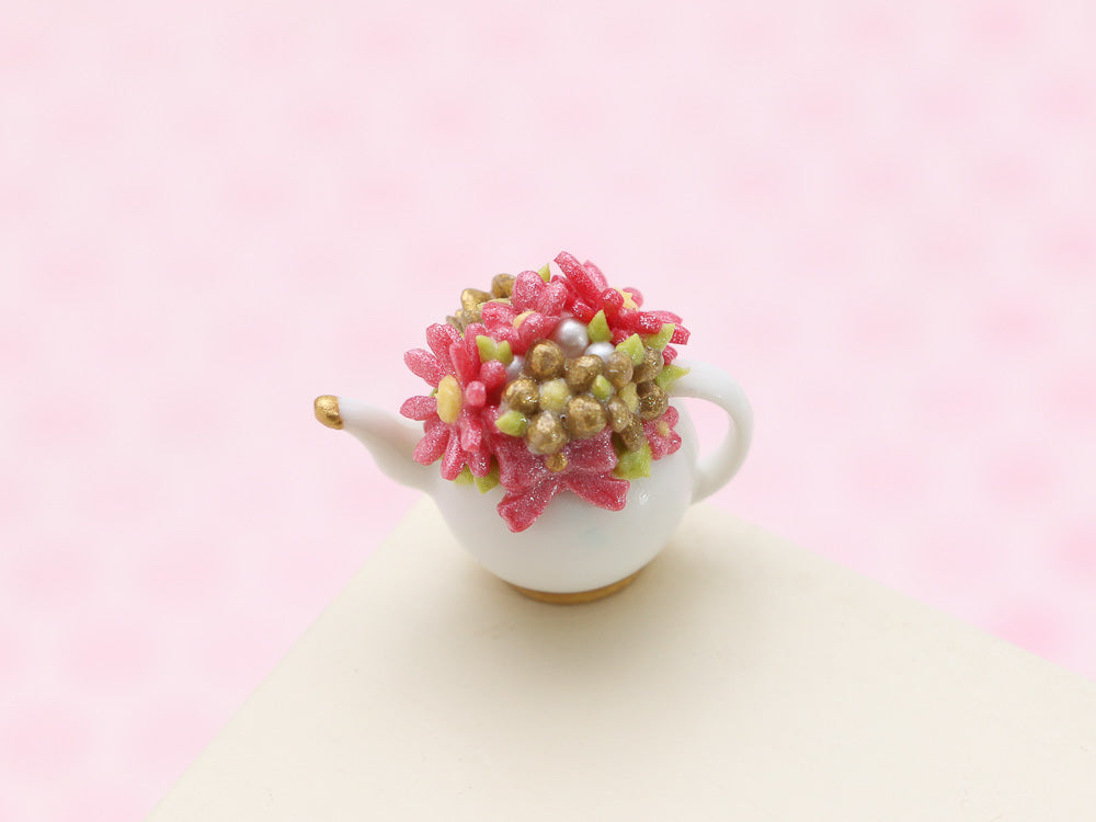 Decorative Gold and Dark Pink Floral Miniature Teapot (5B) OOAK - 12th Scale Dollhouse Miniature