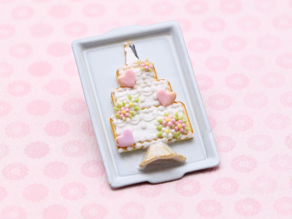 Wedding Cake Cookie on Tray Topped with Bride and Groom - Handmade Miniature food