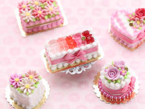 Rectangular Cake Decorated with Shades of Pink Pink Gummy Bears - Miniature Food