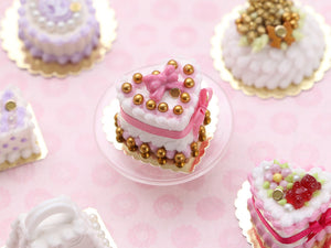 Heart-shaped Miniature Cake With Pink Bows, Gold Pearls - 12th Scale Handmade Food