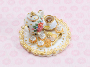 Golden Teatime Set, Teapot, Lemon Tea, Cookies, Tartlets - OOAK Handmade Miniature Food