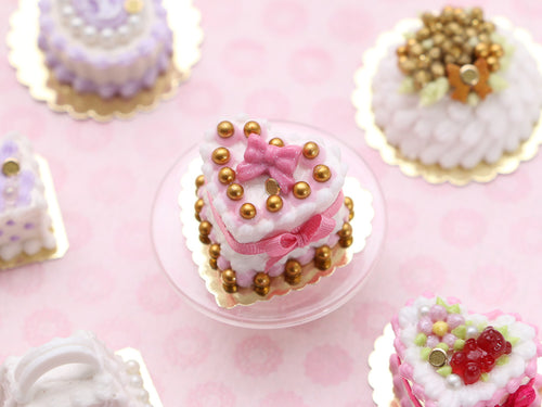 Heart-shaped Miniature Cake With Pink Bows, Gold Pearls - 12th Scale Handmade Food