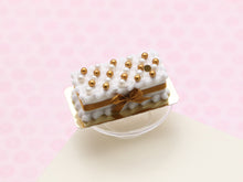 Load image into Gallery viewer, Rectangular Miniature Cake with Gold and White Pearls Decoration, Gold Ribbon - 12th Scale Dollhouse Food