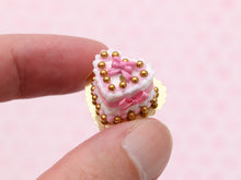 Load image into Gallery viewer, Heart-shaped Miniature Cake With Pink Bows, Gold Pearls - 12th Scale Handmade Food