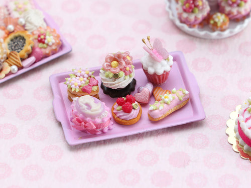 Presentation of Pink Miniature French Pastries on Metal Tray - OOAK - Miniature Food