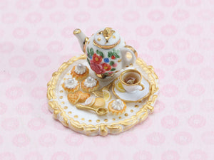 Golden Teatime Set, Teapot, Lemon Tea, Cookies, Tartlets - OOAK Handmade Miniature Food