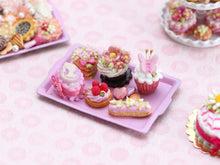 Load image into Gallery viewer, Presentation of Pink Miniature French Pastries on Metal Tray - OOAK - Miniature Food