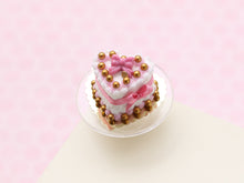 Load image into Gallery viewer, Heart-shaped Miniature Cake With Pink Bows, Gold Pearls - 12th Scale Handmade Food
