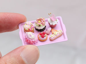 Presentation of Pink Miniature French Pastries on Metal Tray - OOAK - Miniature Food