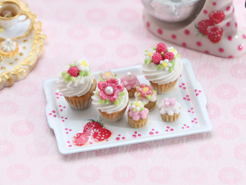 Raspberry and Pink Cupcakes on Tray - Handmade Miniature Food